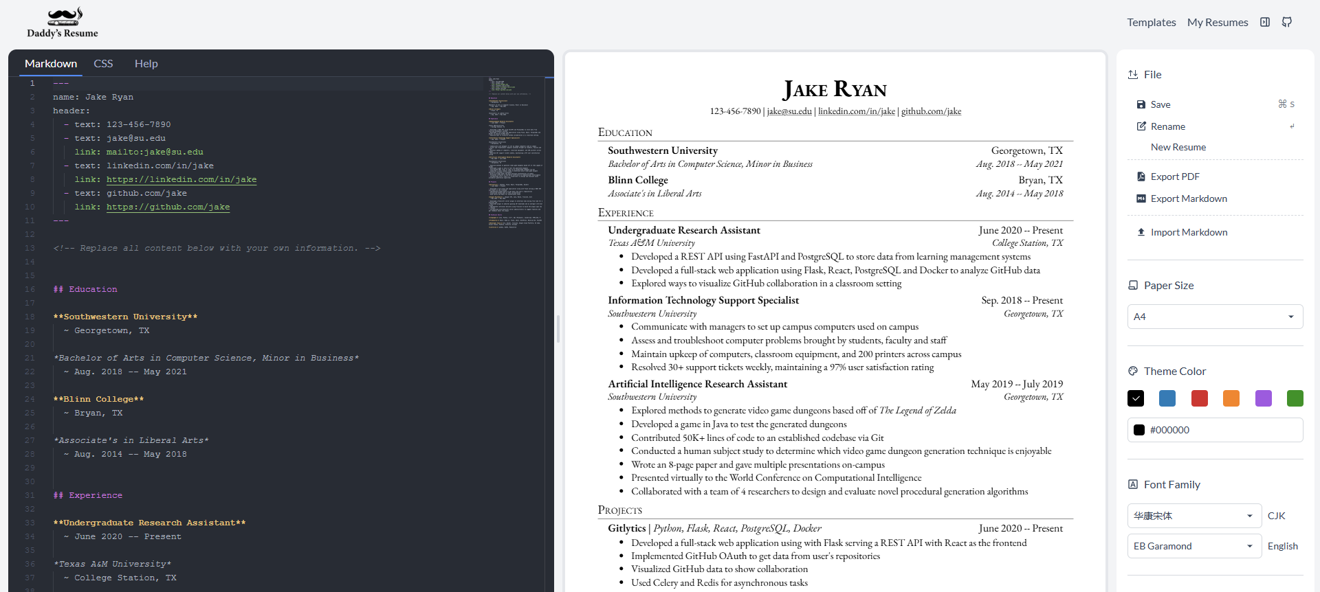 Daddy's Resume Markdown resume builder editor showing Markdown source on the left and a live A4 PDF preview on the right